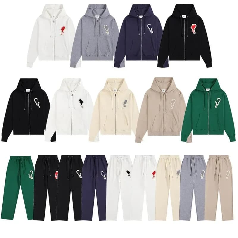 秋冬ami卫衣卫裤刺绣大爱心口袋拉链连帽衫男女休闲套装宽松外套 (34)