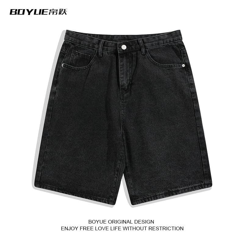 BOYUE summer casual solid color denim shorts men's high street five-point straight pants trendy brand ins handsome loose