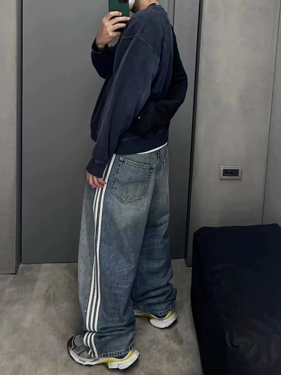 American-style 23ss washed striped wide-leg jeans men's three bars high street fashion brand loose straight all-matching wide-leg pants